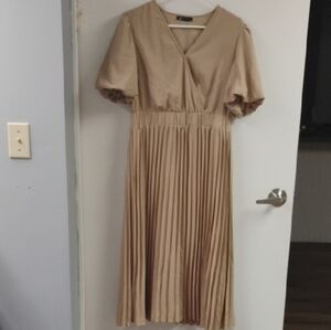Chic Tan Midi Dress with Pleated Skirt